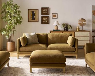 Castlery Owen Sofa with Ottoman, Basketweave Caramel, Blonde Oak Leg, Brown