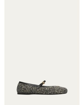 Prada Triangle Logo Tweed Chevron Mary Jane Ballerina Flats