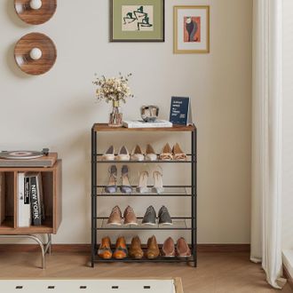 Woltu Banco Para Zapatos De Metal Con Asiento De Madera Estante De Zapatos De 4 Niveles De 12 Pares De Zapatos Para Recibidor Entrada - Woltu