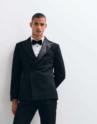 Asos giacca da abito tuxedo slim doppiopetto nera-Nero
