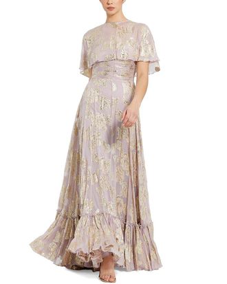 Mac Duggal Floral Print High Neck Cape Sleeve A-Line Gown