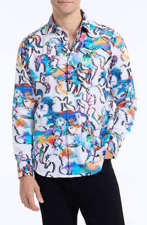Robert Graham Mane Event Stretch Cotton Button-Up Shirt in Blue Multi at Nordstrom, Size Xxx-Large