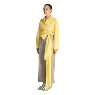 Erika Cavallini Semi Couture Overhemden, Dames, Geel, L, Katoen, Fluid overhemd met gedrapeerde tailleband