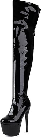 Generic Womens Sexy High Heel Thigh High Boots Patent Leather Slouchy Long Boots Round Toe Platform Boot for Evening Party Prom,Black1,8.5 UK