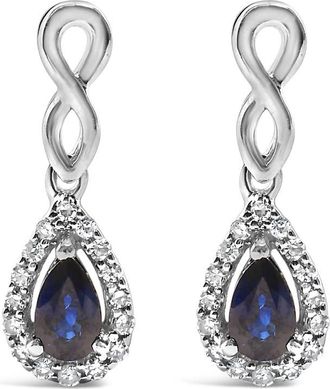 House of Brilliance 10K White Gold Pear Cut Blue Sapphire and 1/7 Cttw Diamond Infinity Drop and Dangle Earrings