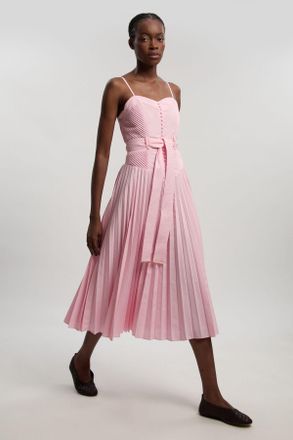 Karen Millen Womens Cotton Top Stitch Dropped Waist Woven Strappy Midi Dress - Light Pink - Size 12 UK