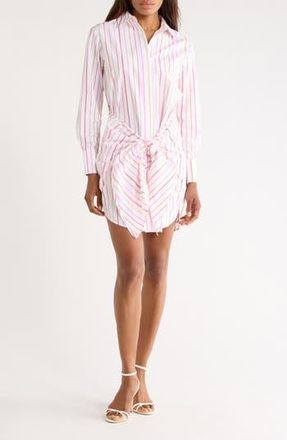 Derek Lam Trish Striped Long Sleeve Waist Tie Shirtdress in White/Pink at Nordstrom Rack, Size 14