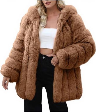 Generic Womens Faux Fur Coat Winter Warm Overcoat Thermal Long Sleeve Fleece Jacket Plush Outdoor Open Front Cardigans Ladies Bodywarmer Elegant Furry Coat Wi
