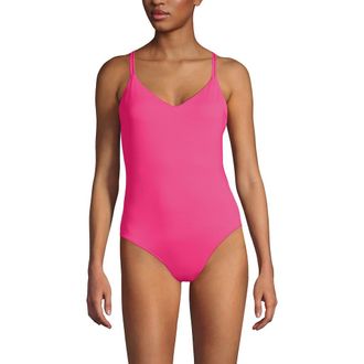 Lands End Tugless QuickDry V-Neck Multi-Way High Leg One Piece Swimsuit in Pink Azalea at Nordstrom, Size 14