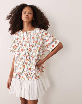 Asos Vestito T-shirt corto ibrido a fiorellini-Multi
