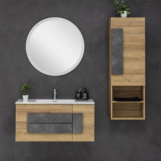 Feridras Feridras - Mobile Bagno Sospeso Moderno Legno Rovere 100x47 cm Completo di Specchio Tondo