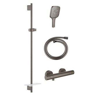 GROHE Grohtherm 1000 Smartactive Glijstangset - 90cm - met zeepschaal - thermostatische douchekraan - vierkante handdouche - gladde slang - 125cm - geborste