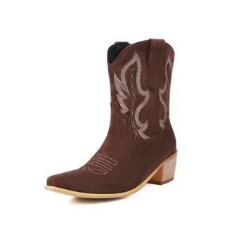 Generic Womens Western Cowboy Boots in Suede Fabric with Rhinestone Embroidery Pointed Toe Block Heels Vibrant Color Soft Inner Lining Durable Non-Slip Outsol