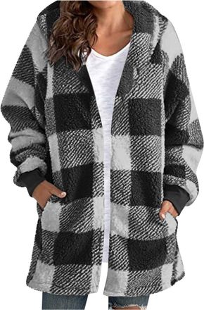 Generic Womens Fleece Jackets Full Zip Hoodies Checked Hooded Fluffy Coats Ladies Warm Cozy Furry Cardigans Oversized Long Sleeve Winter Jackets for Women Plu