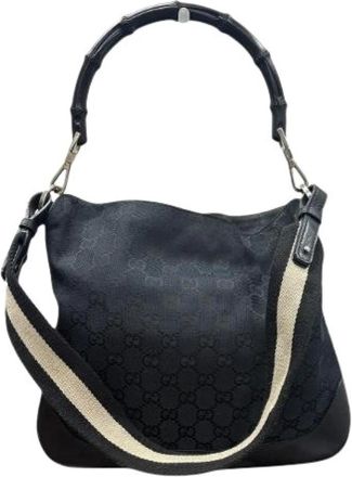 Gucci Pre-owned Handbags, female, Black, Size: ONE SIZE Pre-owned Bamboo GG Canvas Leather Shoulder Bag