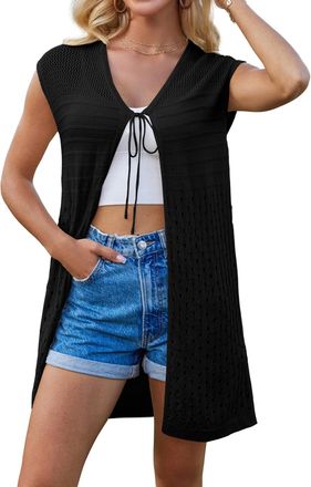 Grace Karin Women Summer Cardigan Beach Cover Up Casual Lightweight Thin Cardigan with Front Lacing Black S
