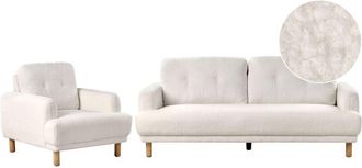 Beliani Set da salotto composto da divano a 3 posti e poltrona gambe in legno seduta spessa con rivestimento in bouclé bianco Tuve