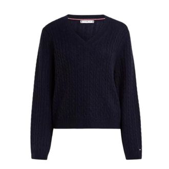 Tommy Hilfiger V-neck Knitwear, female, Blue, Size: XS Twisted Knit V-Neck Sweater