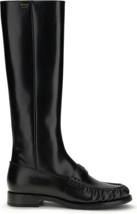 Prada Bos Taurus Flat Boots - Dames - Hoge Laarzen - Zwart - 39 EU - Leer - Schoenen