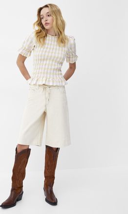 Icone Womens Touch of linen puff-sleeve smocked blouse