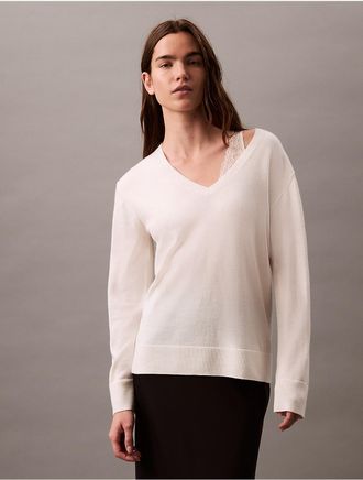 Calvin Klein Womens Extra Fine Merino Blend V-Neck Sweater - White - XS