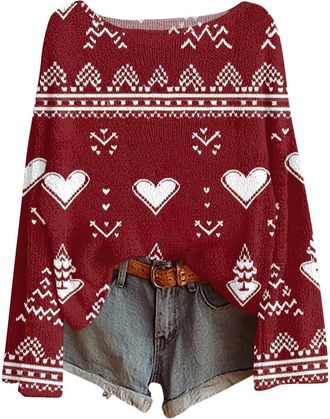 Generic Christmas Jumpers for Women Xmas Tree Print Ladies Xmas Tops Funny Christmas Sweater Boho Sweatshirt Pullover