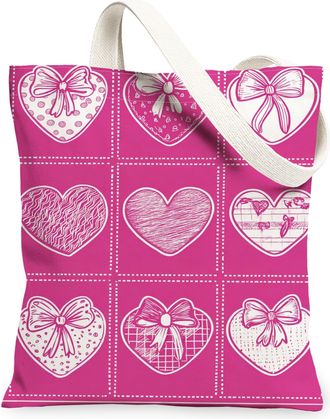 Generic ValentineS Day Heart Canvas Tote Bags, Cute Bow Reusable Grocery Bags, Lightweight Washable Shoulder Strap for Shopping Tr, Peach, 13x15 Inch