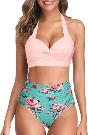 Generic Black Bikini Womens Swimwear High Waisted V Neck Women Bikinis Set Push Up Sexy Vintage Beachwear Twist Front Bikinis Top Ruched Retro Swimmwear Bathi