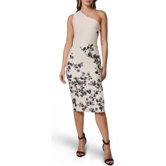 DKNY One Shoulder Floral Print Dress in Cream/black Multi at Nordstrom, Size 14