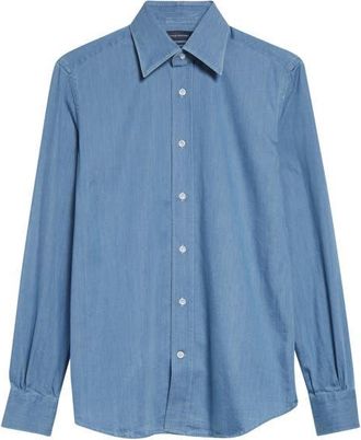 Thom Sweeney Lecce Point Collar Denim Button-Up Shirt in Light Denim at Nordstrom, Size 15.5