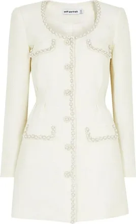 Self Portrait Cream Tweed Faux Pearl Embellished Mini Dress Size XS