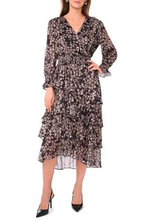 Vince Camuto Floral Metallic Stripe Long Sleeve Tiered Maxi Dress in Rich Black at Nordstrom Rack, Size X-Small