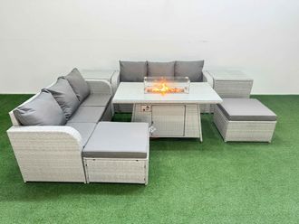 Fimous Outdoor Garden Furniture Sets 8 Seater Wicker Rattan Furniture Sofa Sets w/ Firepit Dining Table high Back Lounge Sofa 2 Big Footstool 2 Side