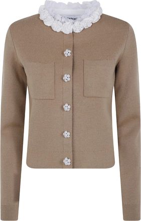 Self Portrait Brown Lace-Trimmed Wool-Blend Cardigan