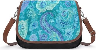 Generic Turquoise Teal Paisley Pattern Crossbody Bag Womens Handbag PU Message Bags Shoulder Purse with Adjustable Strap