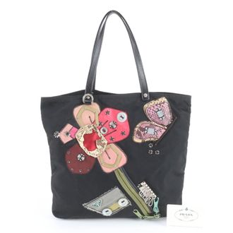 Prada Black Multi-Color Nylon Leather Handbag Tote Bag (Pre-Owned)