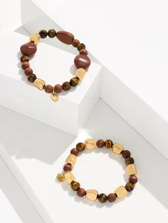 Talbots Andrea Stretch Bracelet Set - Hickory Brown/Gold - 001 Talbots