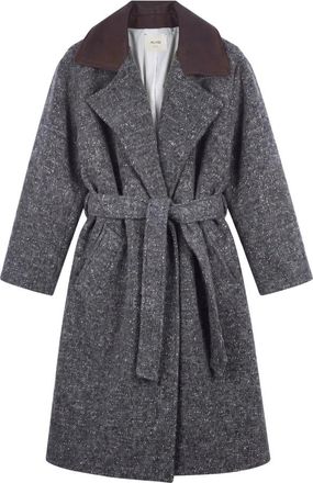 Alysi Tweedjas met contrasterende leren kraag - Dames - Jas met riem - Grijs - S - Tweed - Jassen