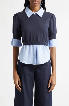 Cinq &agrave; Sept Capucine Mixed Media Top in Navy/rain Cloud at Nordstrom, Size Xx-Small