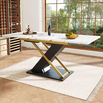 Merax White Marble Effect Extendable Dining Table with Pedestal Base