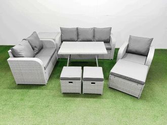 Fimous Patio Dining Table & Chairs Set with Reclining Chair Side Table in Light Grey