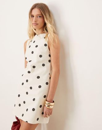 Asos denim mini shift dress in polka dot print-White