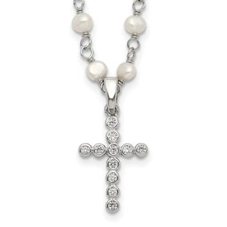 Diamond2Deal Sterling Silver 5mm White Freshwater Cultured Pearl and CZ Cross Necklace 21
