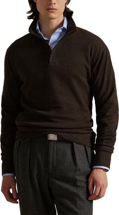 Polo Ralph Lauren Houndstooth Luxury Cotton Blend Quarter Zip Pullover in Alpine Brown Dogtooth at Nordstrom, Size Xx-Large