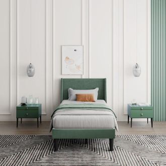 C&A 3FT Dark Green Velvet Upholstered Single Bed with Winged Headboard and Wood Slat Support