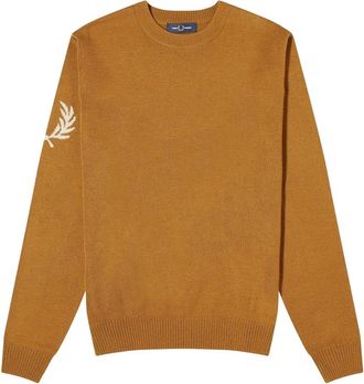 Fred Perry Mens Fred Perry Laurel Wreath Logo On Sleeve Dark Caramel Crew Jumper - Yellow - Size: 42