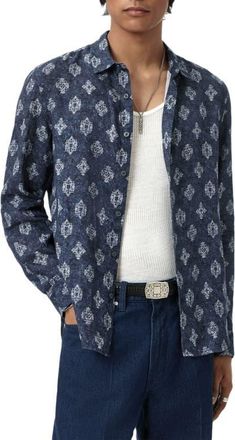 John Varvatos Ross Long Sleeve Linen Button-Up Shirt in Titanium Blue at Nordstrom, Size Xx-Large