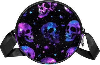 Generic Circle Crossbody Bag for Women, Galaxy Skull Star Small Sling Bag Daypack with Zipper Adjustable Shoulder Straps Casual Ladies Girls Round Purse