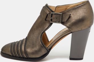 Jimmy Choo London Grey Leather Zip Detail Block Heel Pumps