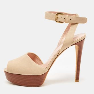Stuart Weitzman Beige Leather Ankle Strap Platform Sandals
